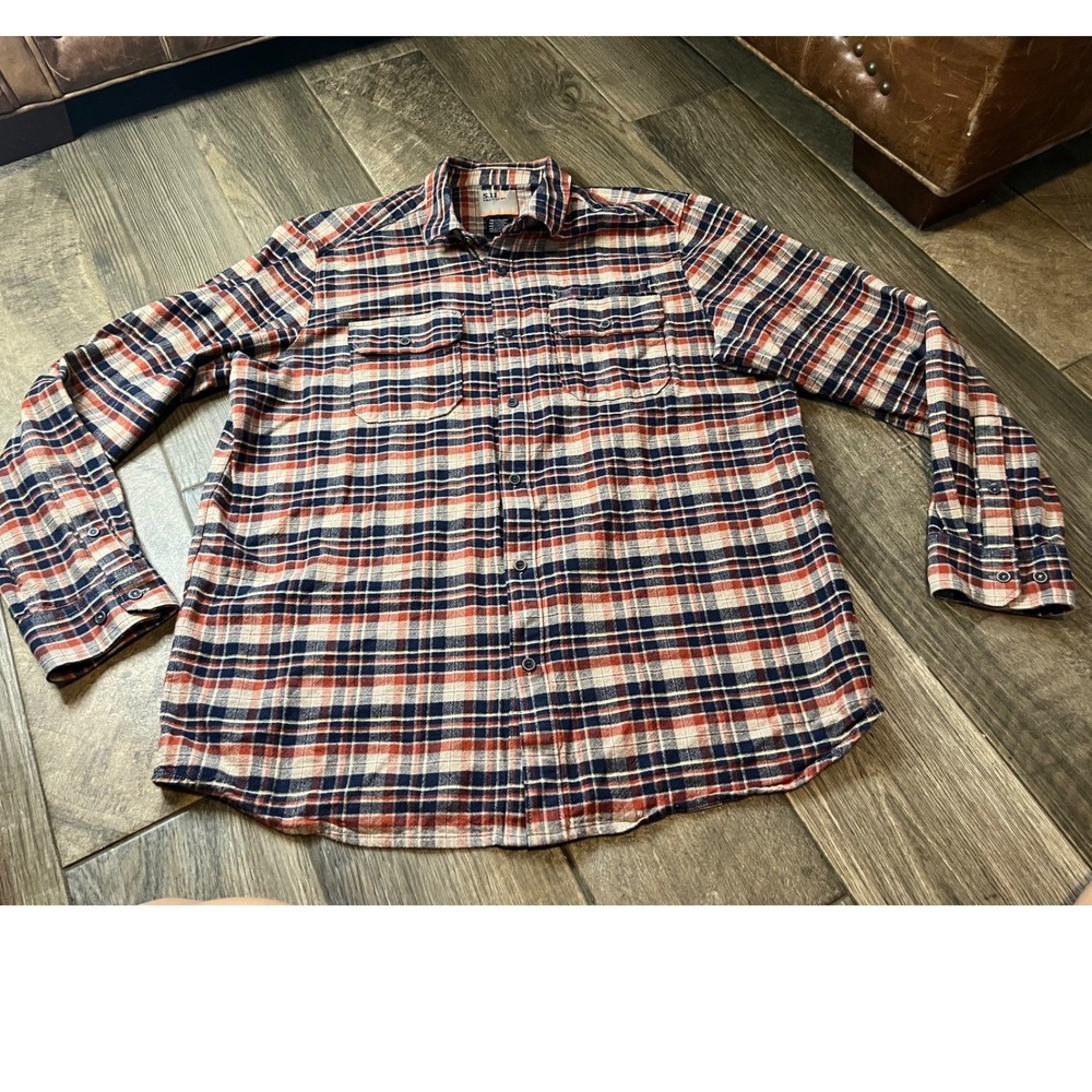 5.11 Tactical Mens Long Sleeve Plaid Button Down Shirt Orange Navy Blue Large